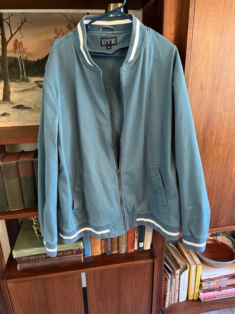 Rye Men's Sky Blue Varsity Bomber Jacket with Contrast Trim